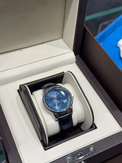 Glashütte PanoMaticLunar - 40 MM - Stainless Steel - Blue Dial - Blue Leather Strap - 1-90-02-46-32-35