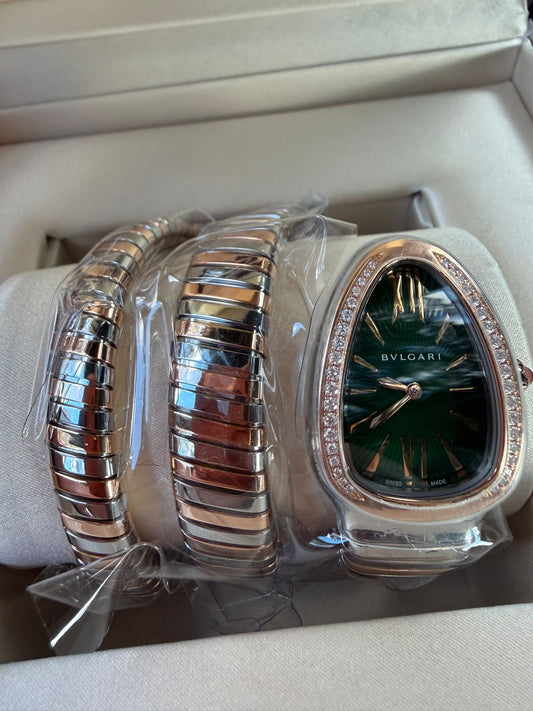 Bvlgari Serpenti Tubogas Double Spiral - 35 MM - Stainless Steel and Rose Gold - Green Dial - 102791