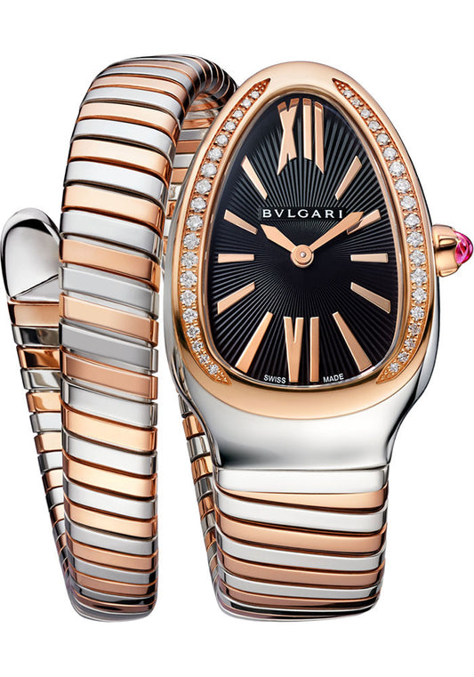 Bvlgari Serpenti Tubogas Watch - 35 MM - Stainless Steel - Diamond Bezel - Black Dial - Rose Gold And Steel Bracelet - 103823