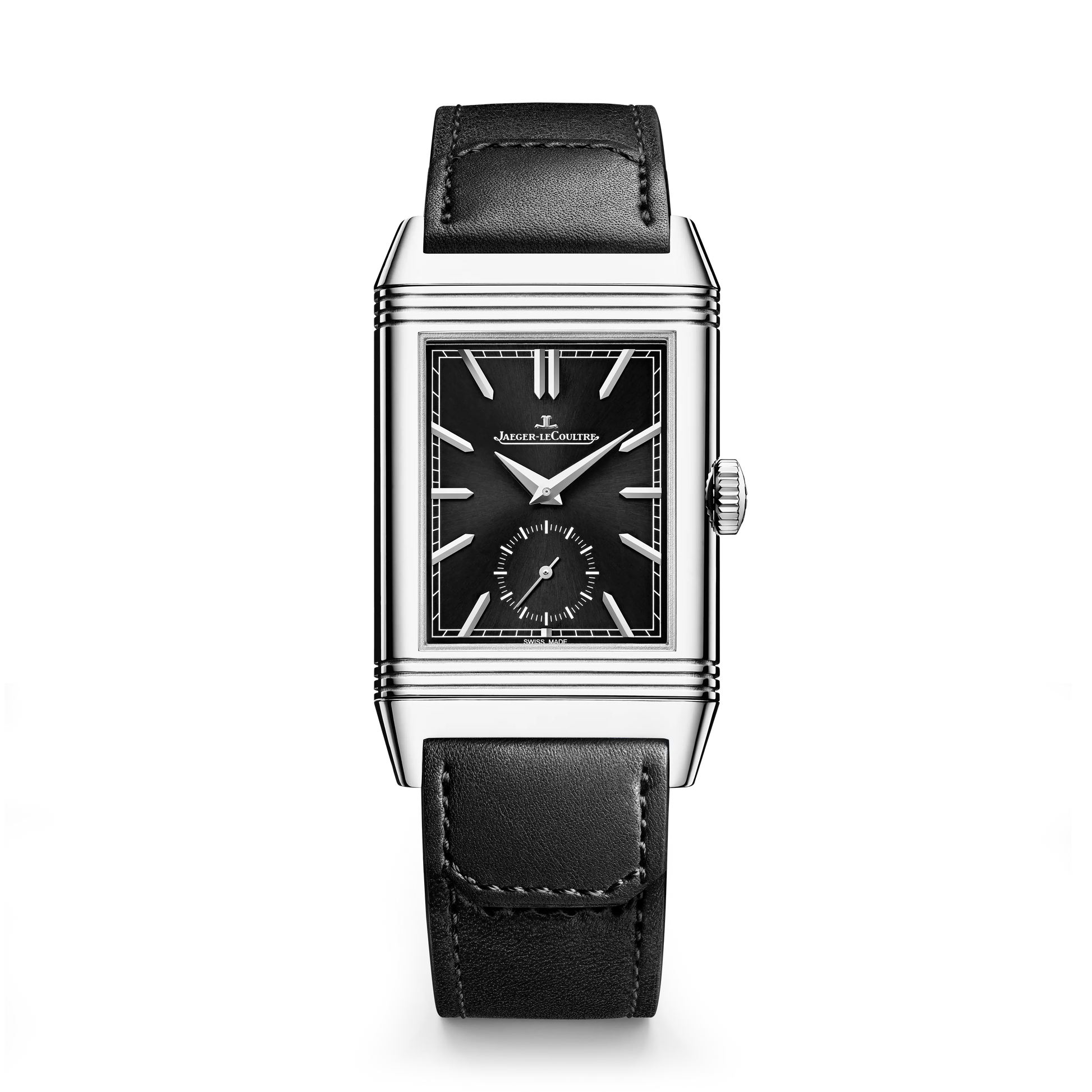 JLC - Reverso Tribute Duoface Small Seconds - 47 MM x 28.3 MM - Stainless Steel - Black/Silver Dial - Black Leather/Canvas Strap - Q398847J