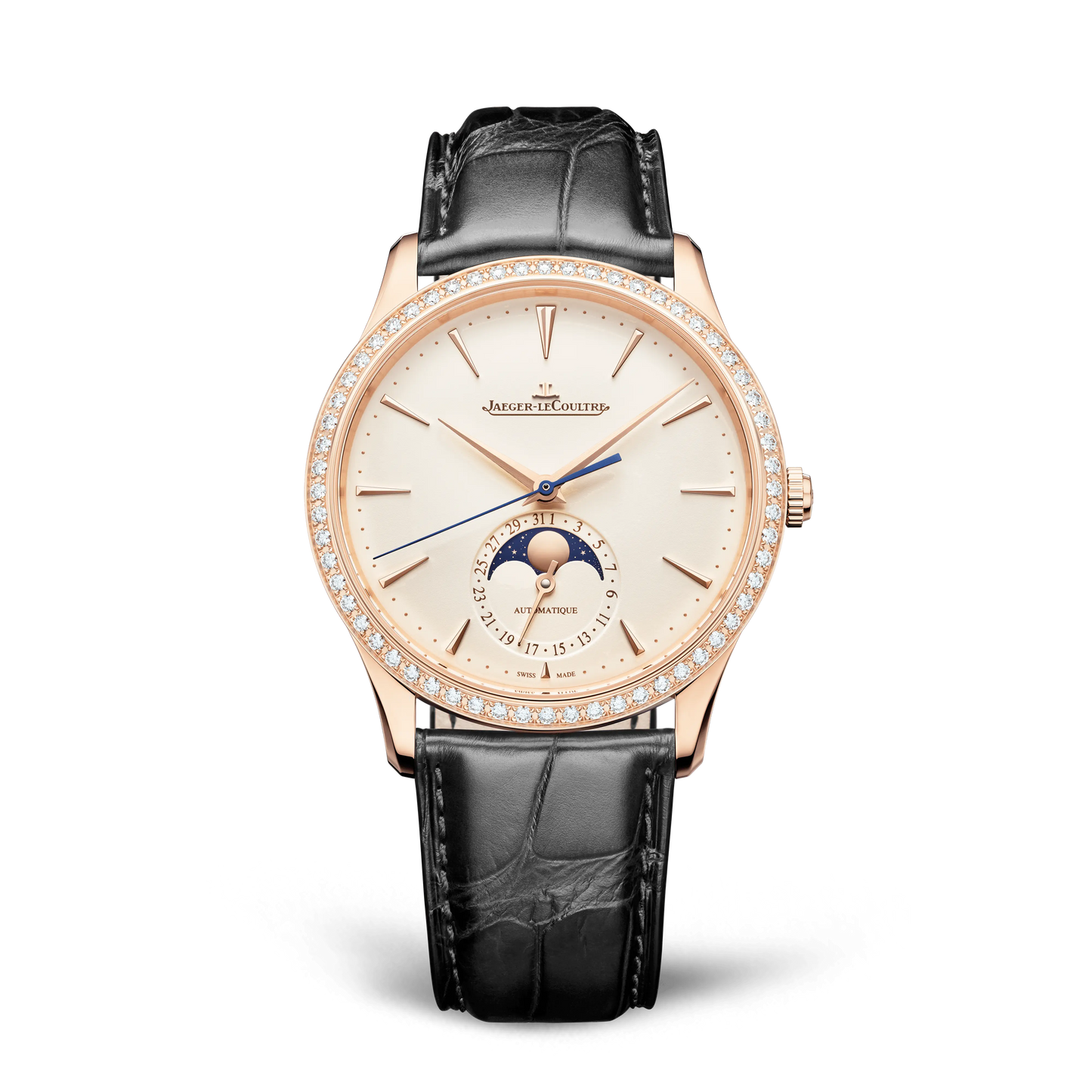 JLC - Master Ultra Thin Moon - 39 MM - Pink Gold - Eggshell Beige Dial - Diamond Bezel - Black Leather Strap - Q1362503