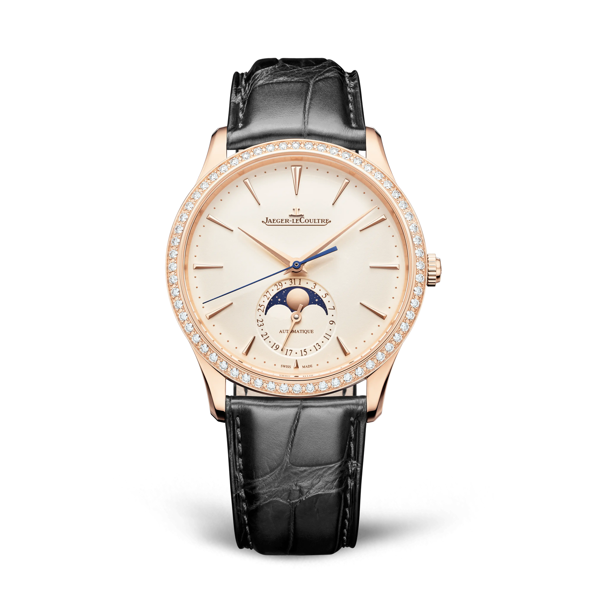 JLC - Master Ultra Thin Moon - 39 MM - Pink Gold - Eggshell Beige Dial - Diamond Bezel - Black Leather Strap - Q1362503