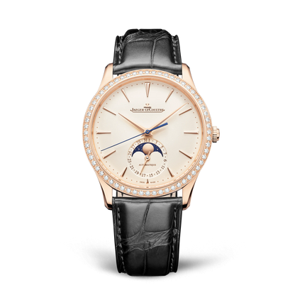 JLC - Master Ultra Thin Moon - 39 MM - Pink Gold - Eggshell Beige Dial - Diamond Bezel - Black Leather Strap - Q1362503