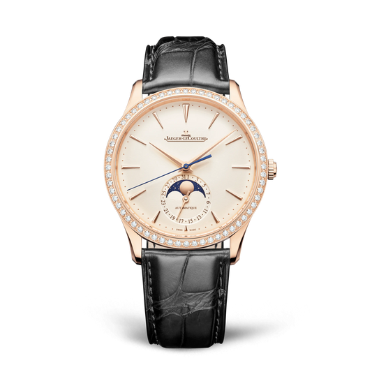 JLC - Master Ultra Thin Moon - 39 MM - Pink Gold - Eggshell Beige Dial - Diamond Bezel - Black Leather Strap - Q1362503