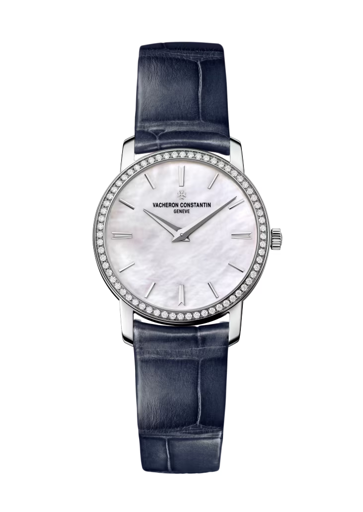 Vacheron Constantin Traditionnelle White Gold 30 MM - Blue Leather Strap - Diamond Bezel - White Mother-of-Pearl Dial - 25558/000G-B157