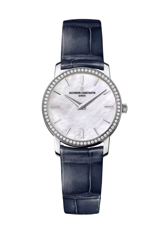 Vacheron Constantin Traditionnelle White Gold 30 MM - Blue Leather Strap - Diamond Bezel - White Mother-of-Pearl Dial - 25558/000G-B157