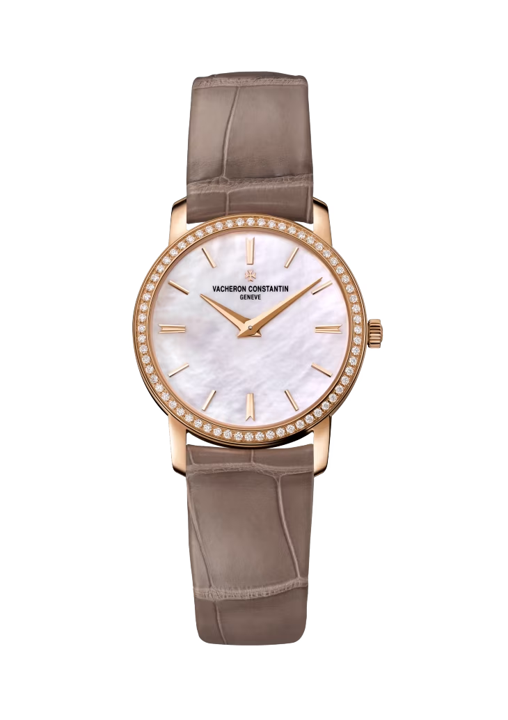 Vacheron Constantin Traditionnelle Pink Gold 30 MM - Brown Leather Strap - Diamond Bezel - White Mother-of-Pearl Dial - 25558/000R-B156