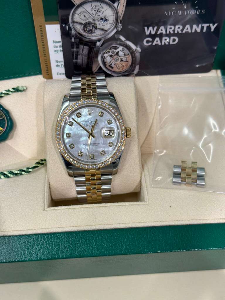 Rolex Stainless Steel And Yellow Gold Datejust - 36 MM - Jubilee Bracelet - Diamond Bezel - White Mother of Pearl Diamond Dial - 116243-0018