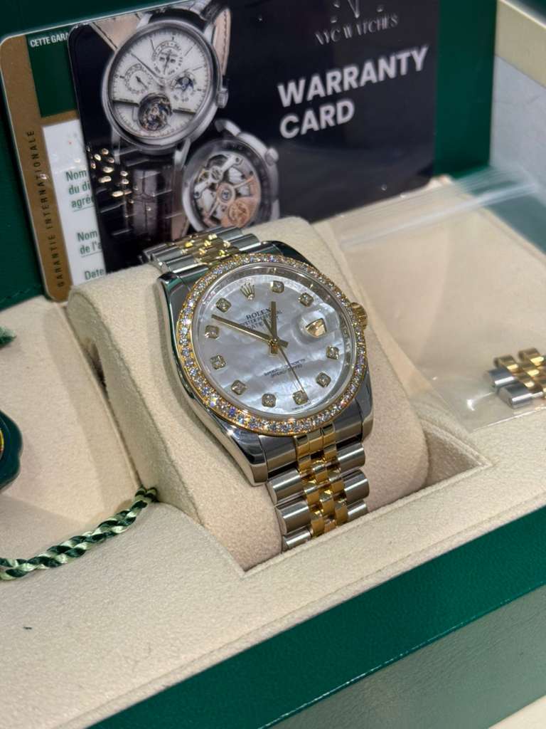 Rolex Stainless Steel And Yellow Gold Datejust - 36 MM - Jubilee Bracelet - Diamond Bezel - White Mother of Pearl Diamond Dial - 116243-0018