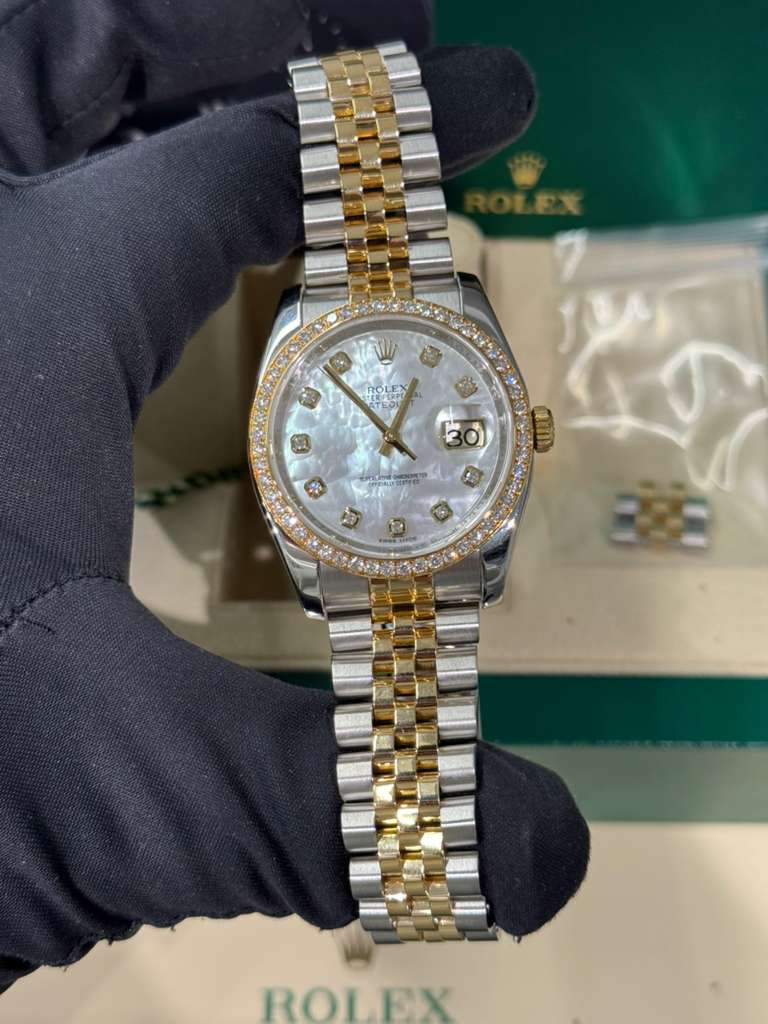 Rolex Stainless Steel And Yellow Gold Datejust - 36 MM - Jubilee Bracelet - Diamond Bezel - White Mother of Pearl Diamond Dial - 116243-0018