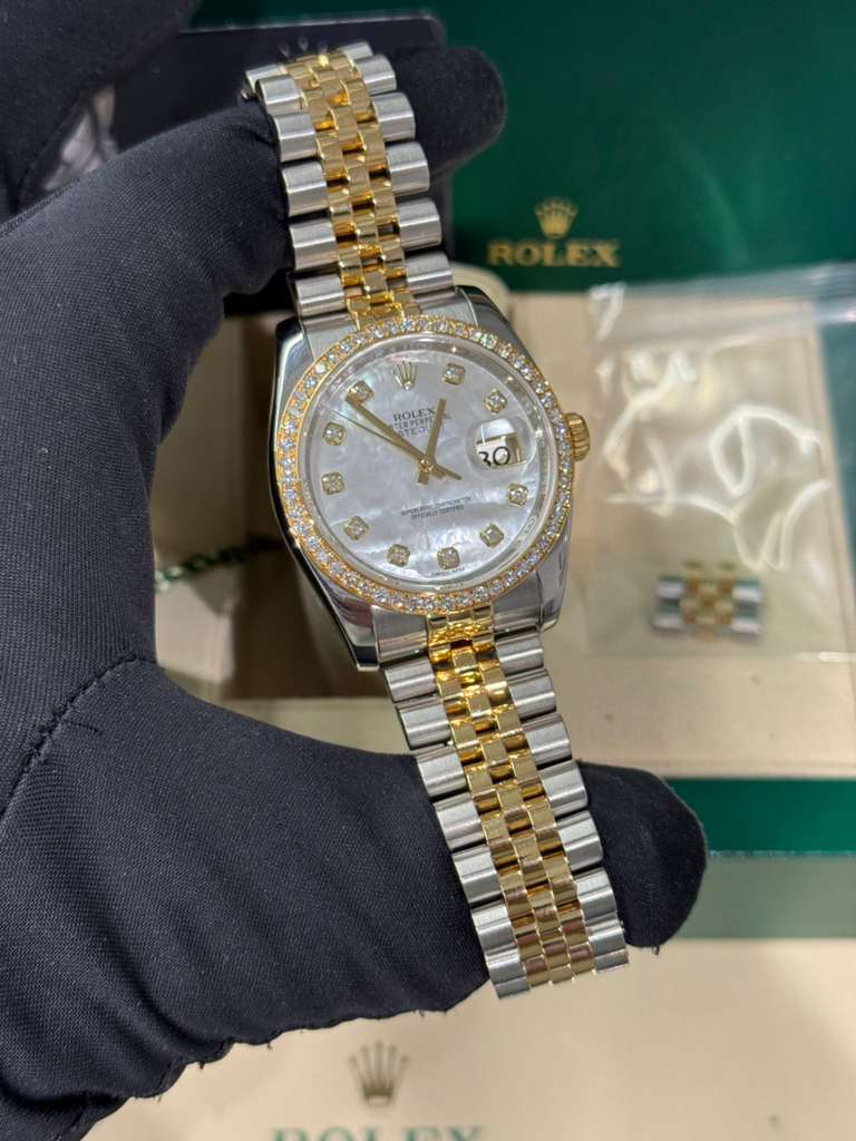 Rolex Stainless Steel And Yellow Gold Datejust - 36 MM - Jubilee Bracelet - Diamond Bezel - White Mother of Pearl Diamond Dial - 116243-0018