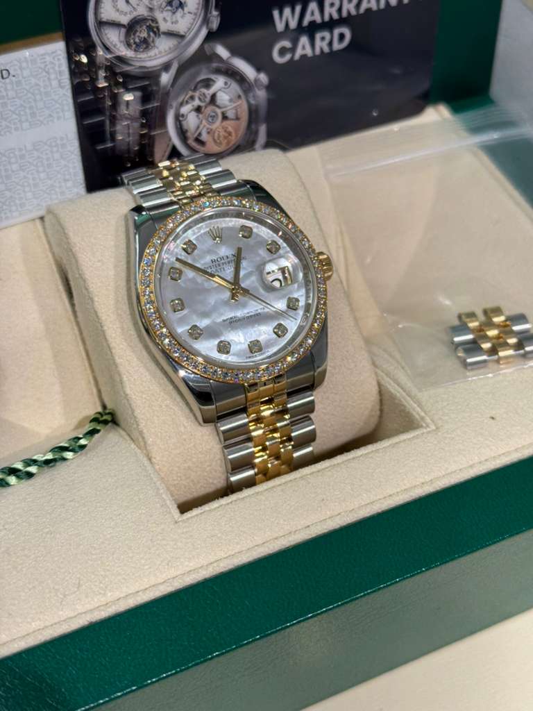 Rolex Stainless Steel And Yellow Gold Datejust - 36 MM - Jubilee Bracelet - Diamond Bezel - White Mother of Pearl Diamond Dial - 116243-0018