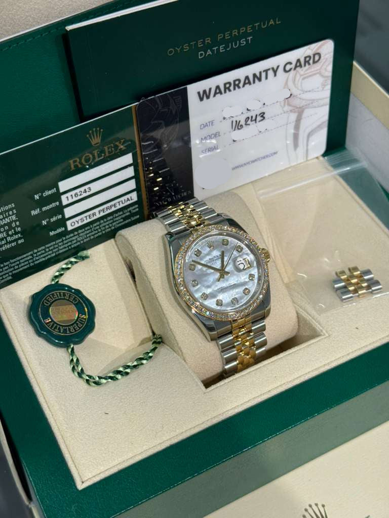 Rolex Stainless Steel And Yellow Gold Datejust - 36 MM - Jubilee Bracelet - Diamond Bezel - White Mother of Pearl Diamond Dial - 116243-0018