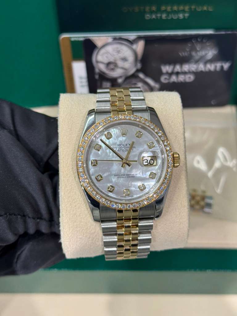 Rolex Stainless Steel And Yellow Gold Datejust - 36 MM - Jubilee Bracelet - Diamond Bezel - White Mother of Pearl Diamond Dial - 116243-0018