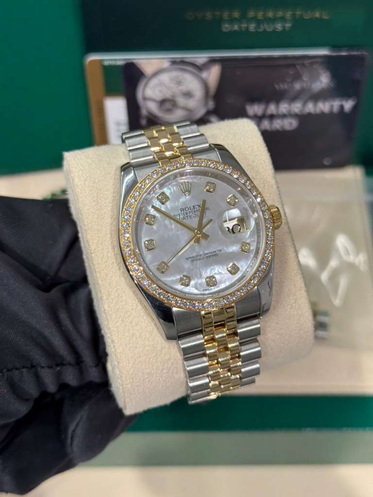 Rolex Stainless Steel And Yellow Gold Datejust - 36 MM - Jubilee Bracelet - Diamond Bezel - White Mother of Pearl Diamond Dial - 116243-0018