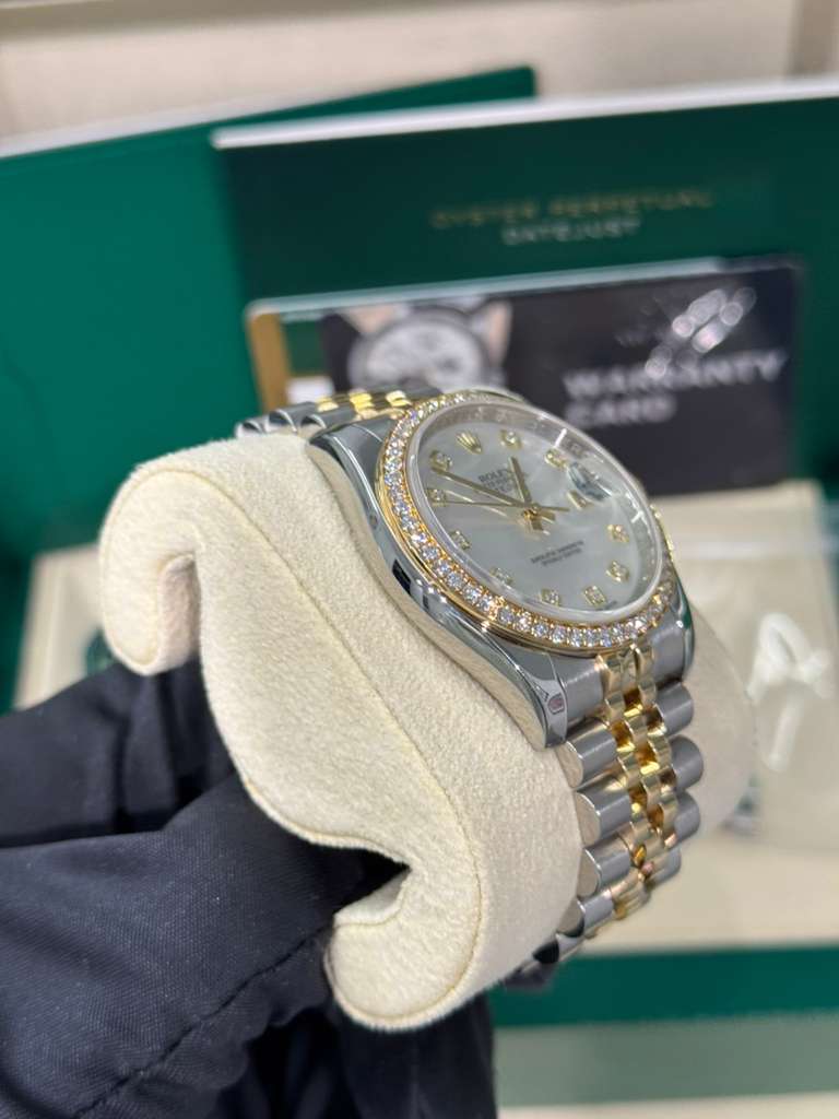 Rolex Stainless Steel And Yellow Gold Datejust - 36 MM - Jubilee Bracelet - Diamond Bezel - White Mother of Pearl Diamond Dial - 116243-0018