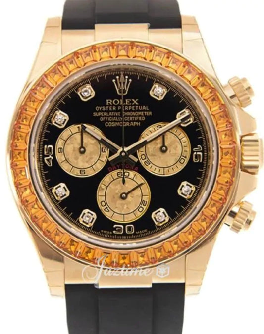 Rolex Yellow Gold Daytona Watch "Tangerine" - 40 MM - Oysterflex Strap - Black Diamond Dial - Orange Baguette Sapphire Bezel - 116588SACO BKD