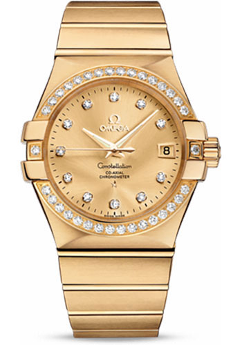 Omega Constellation Yellow Gold 35 MM - Yellow Gold Bracelet - Diamond Bezel - Champagne Diamond Dial - 123.55.35.20.58.001