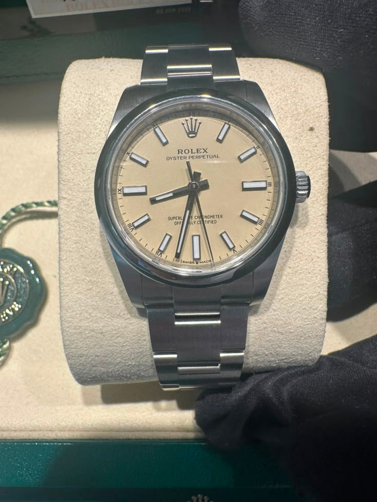 Rolex Stainless Steel Oyster Perpetual No Date Watch - 34 MM - Oyster Bracelet - Smooth Bezel - Beige Dial - 124200-0007
