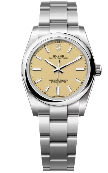 Rolex Stainless Steel Oyster Perpetual No Date Watch - 34 MM - Oyster Bracelet - Smooth Bezel - Beige Dial - 124200-0007
