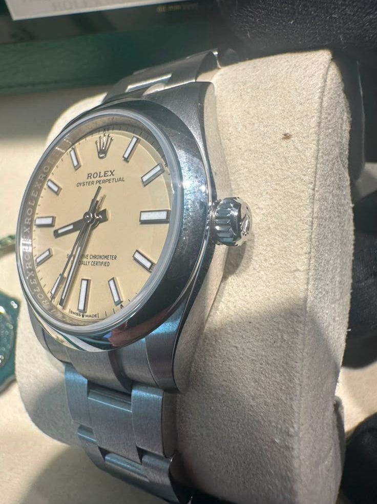 Rolex Stainless Steel Oyster Perpetual No Date Watch - 34 MM - Oyster Bracelet - Smooth Bezel - Beige Dial - 124200-0007