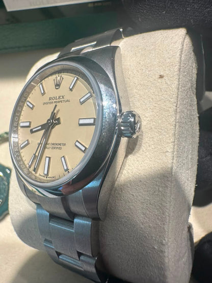Rolex Stainless Steel Oyster Perpetual No Date Watch - 34 MM - Oyster Bracelet - Smooth Bezel - Beige Dial - 124200-0007