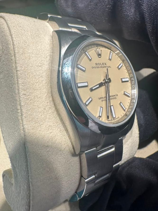 Rolex Stainless Steel Oyster Perpetual No Date Watch - 34 MM - Oyster Bracelet - Smooth Bezel - Beige Dial - 124200-0007