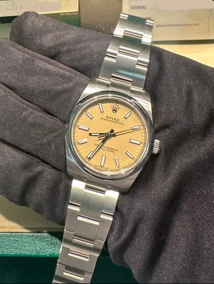 Rolex Stainless Steel Oyster Perpetual No Date Watch - 34 MM - Oyster Bracelet - Smooth Bezel - Beige Dial - 124200-0007
