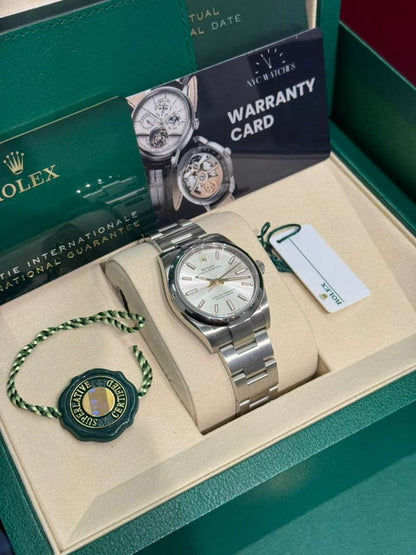 Rolex Stainless Steel Oyster Perpetual no date Watch - 34 MM - Oyster Bracelet - Silver Dial - 124200-0001
