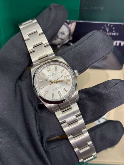 Rolex Stainless Steel Oyster Perpetual no date Watch - 34 MM - Oyster Bracelet - Silver Dial - 124200-0001