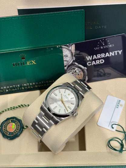 Rolex Stainless Steel Oyster Perpetual no date Watch - 34 MM - Oyster Bracelet - Silver Dial - 124200-0001