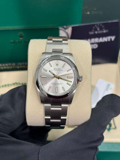 Rolex Stainless Steel Oyster Perpetual no date Watch - 34 MM - Oyster Bracelet - Silver Dial - 124200-0001
