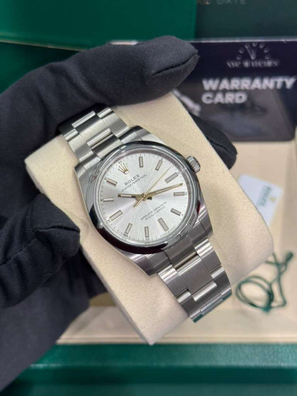 Rolex Stainless Steel Oyster Perpetual no date Watch - 34 MM - Oyster Bracelet - Silver Dial - 124200-0001