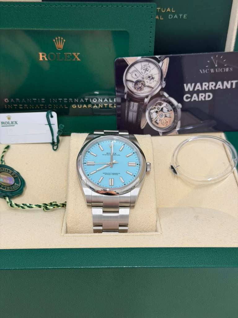 Rolex Stainless Steel Oyster Perpetual no date Watch - 41 MM - Oyster Bracelet - Turquoise Blue Dial - 124300-0006