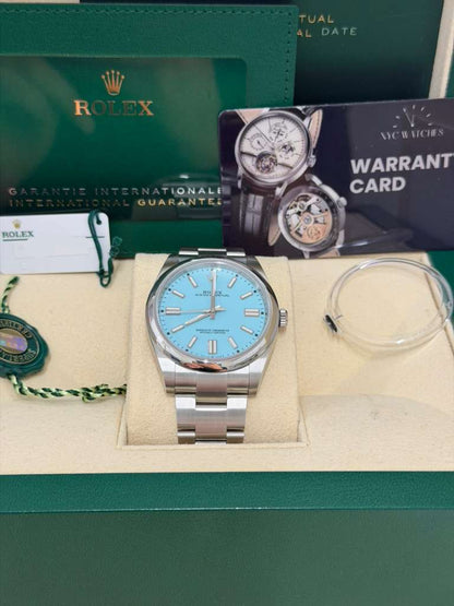Rolex Stainless Steel Oyster Perpetual no date Watch - 41 MM - Oyster Bracelet - Turquoise Blue Dial - 124300-0006