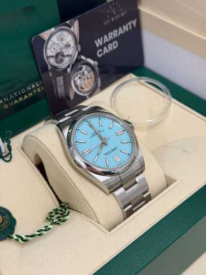 Rolex Stainless Steel Oyster Perpetual no date Watch - 41 MM - Oyster Bracelet - Turquoise Blue Dial - 124300-0006