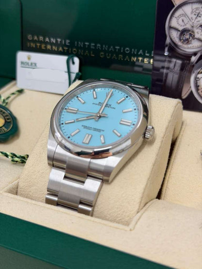 Rolex Stainless Steel Oyster Perpetual no date Watch - 41 MM - Oyster Bracelet - Turquoise Blue Dial - 124300-0006