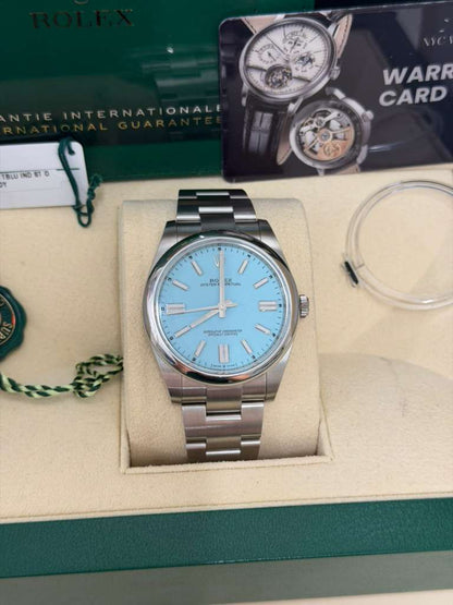 Rolex Stainless Steel Oyster Perpetual no date Watch - 41 MM - Oyster Bracelet - Turquoise Blue Dial - 124300-0006
