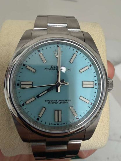 Rolex Stainless Steel Oyster Perpetual no date Watch - 41 MM - Oyster Bracelet - Turquoise Blue Dial - 124300-0006