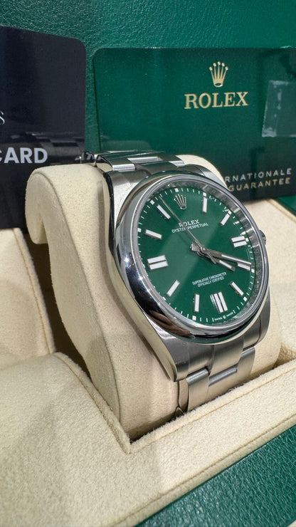 Rolex Stainless Steel Oyster Perpetual no date Watch - 41 MM - Oyster Bracelet - Green Dial - 124300-0005