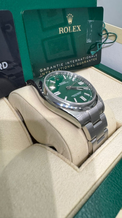 Rolex Stainless Steel Oyster Perpetual no date Watch - 41 MM - Oyster Bracelet - Green Dial - 124300-0005
