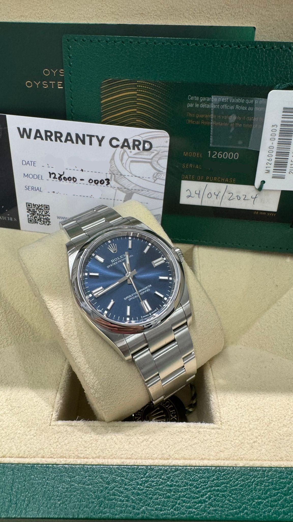 Rolex Stainless Steel Oyster Perpetual no date Watch - 36 MM - Oyster Bracelet - Blue Dial - 126000 bluio