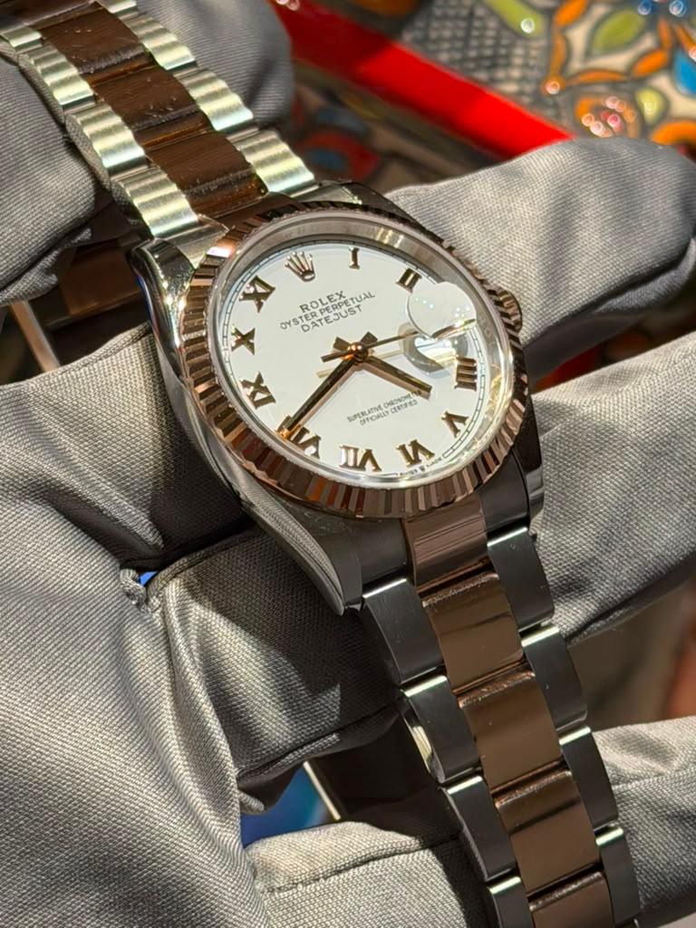 Rolex Stainless Steel And Pink Gold Datejust - 36 MM - Oyster Bracelet - Fluted Bezel - White Roman Dial - 126231-0016