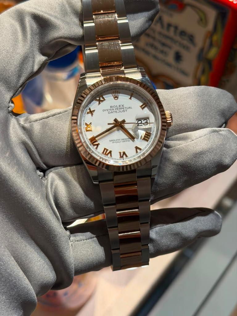 Rolex Stainless Steel And Pink Gold Datejust - 36 MM - Oyster Bracelet - Fluted Bezel - White Roman Dial - 126231-0016