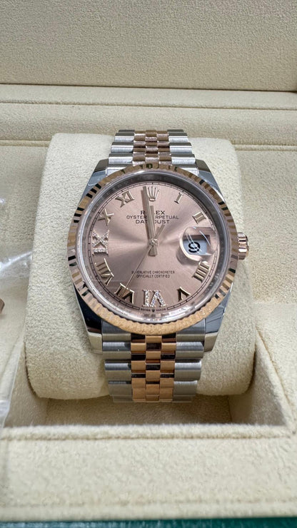 Rolex Stainless Steel And Pink Gold Datejust - 36 MM - Jubilee Bracelet - Fluted Bezel - Rose Roman Dial - 126231-0027
