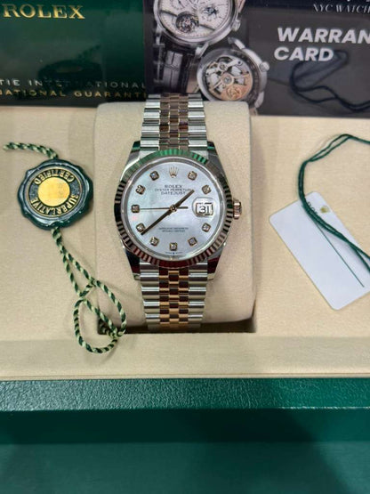 Rolex Stainless Steel And Pink Gold Datejust - 36 MM - Jubilee Bracelet - Fluted Bezel - Mother of Pearl Diamond Dial - 126231-0021