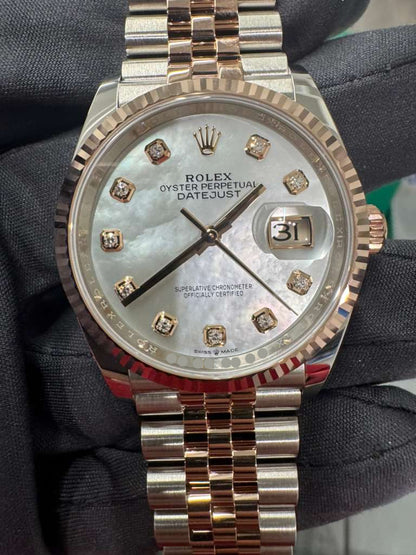 Rolex Stainless Steel And Pink Gold Datejust - 36 MM - Jubilee Bracelet - Fluted Bezel - Mother of Pearl Diamond Dial - 126231-0021