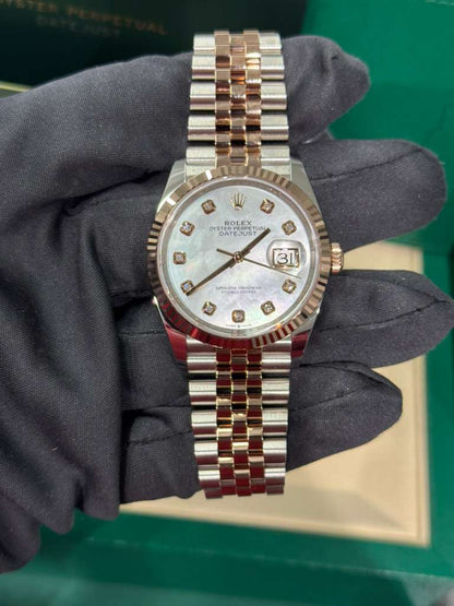 Rolex Stainless Steel And Pink Gold Datejust - 36 MM - Jubilee Bracelet - Fluted Bezel - Mother of Pearl Diamond Dial - 126231-0021