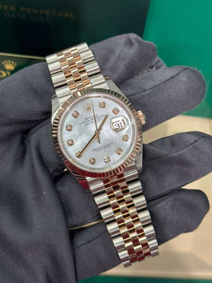 Rolex Stainless Steel And Pink Gold Datejust - 36 MM - Jubilee Bracelet - Fluted Bezel - Mother of Pearl Diamond Dial - 126231-0021