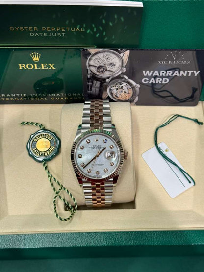 Rolex Stainless Steel And Pink Gold Datejust - 36 MM - Jubilee Bracelet - Fluted Bezel - Mother of Pearl Diamond Dial - 126231-0021